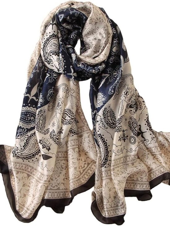 Accessories - Women's Black Lightweight Silk Like Scarves Flowers Print Head Cotton Wrap Scarf